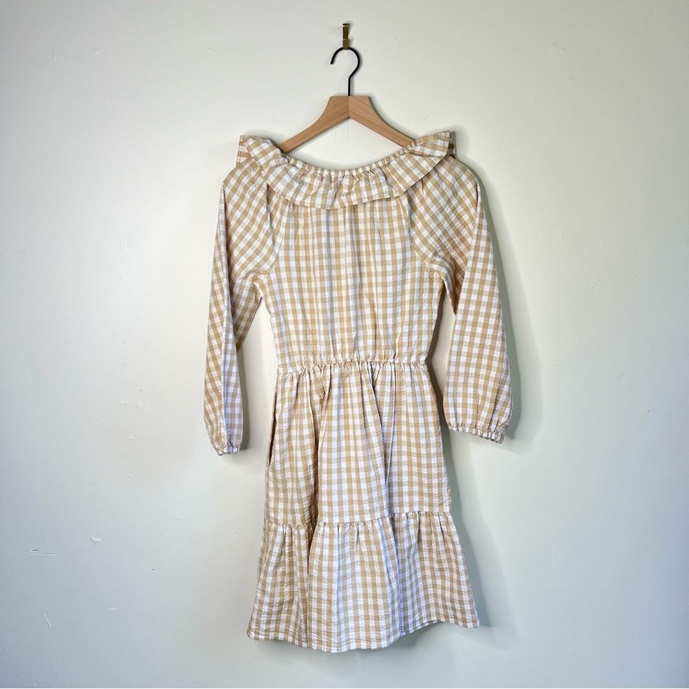 J Crew Seersucker ruffle neck mini dress Tan and White Tiered Gingham size 0 XS - Picture 8 of 12